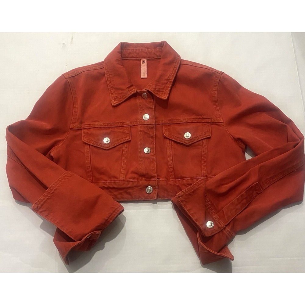 Zara Cropped Orange Denim Jacket. Medium